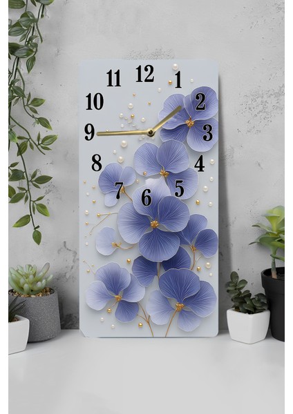 Mavi Çiçek Desenli Uv Baskı Mdf Tablo Saat – 30X60 Cm– USD221