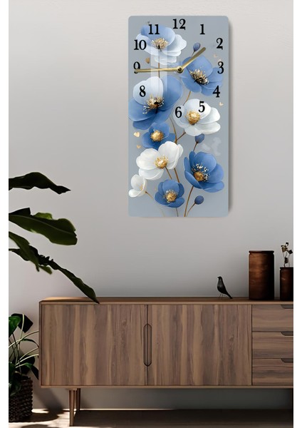 Mavi Beyaz Çiçek Desenli Temperli Cam Tablo Saat 30×60 cm Hd Uv Baskı– CUSD239 fiyatları