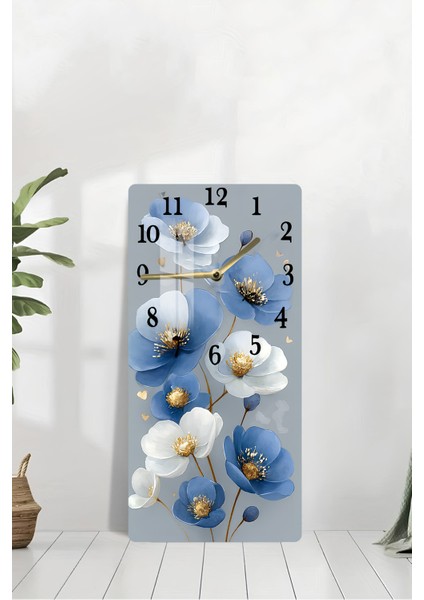 Mavi Beyaz Çiçek Desenli Temperli Cam Tablo Saat 30×60 cm Hd Uv Baskı– CUSD239 modelleri