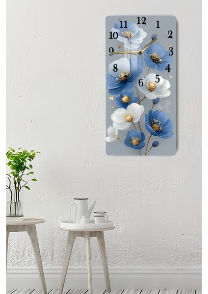 Mavi Beyaz Çiçek Desenli Temperli Cam Tablo Saat 30×60 cm Hd Uv Baskı– CUSD239 indirimleri
