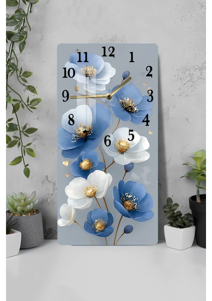 Mavi Beyaz Çiçek Desenli Temperli Cam Tablo Saat 30×60 cm Hd Uv Baskı– CUSD239