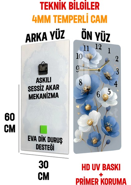 Mavi Beyaz Çiçek Desenli Temperli Cam Tablo Saat 30×60 cm Hd Uv Baskı– CUSD239