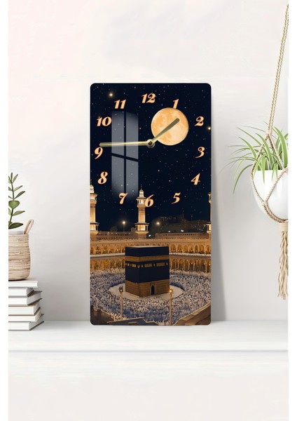 Kâbe Ay Işığı Manzaralı Temperli Cam Tablo Saat 30X60 cm |hd Uv Baskı– CUSD180