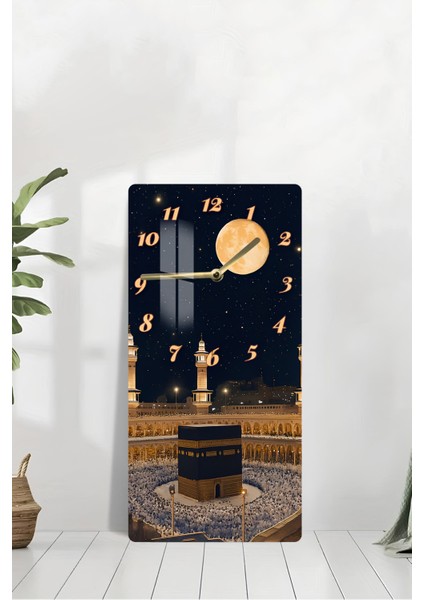 Kâbe Ay Işığı Manzaralı Temperli Cam Tablo Saat 30X60 cm |hd Uv Baskı– CUSD180 modelleri