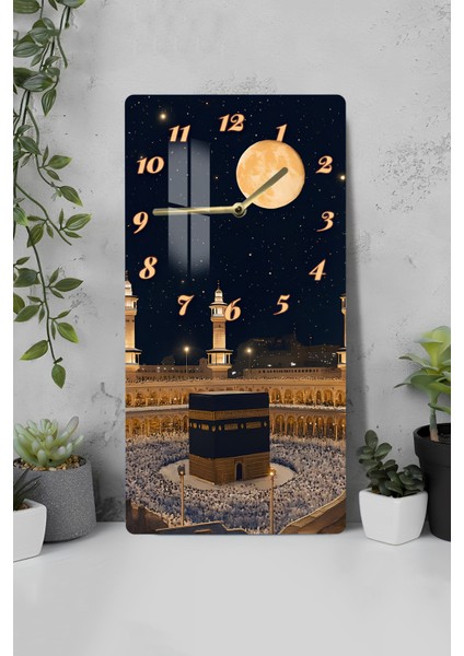 Kâbe Ay Işığı Manzaralı Temperli Cam Tablo Saat 30X60 cm |hd Uv Baskı– CUSD180