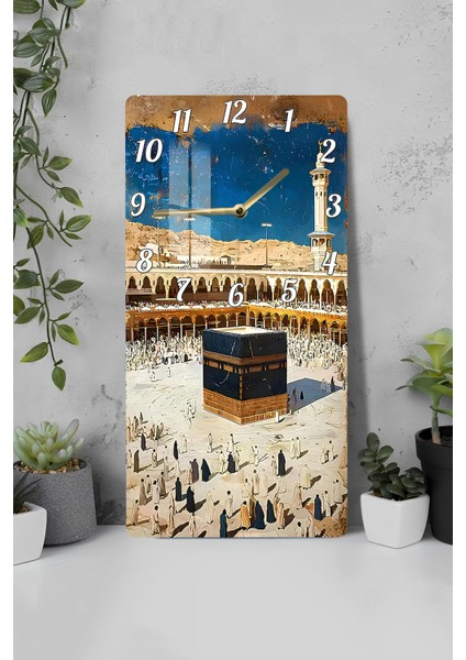 Kâbe Manzaralı Islami Temperli Cam Tablo Saat 30×60 cm Hd Uv Baskı– CUSD246