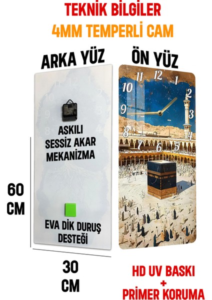 Kâbe Manzaralı Islami Temperli Cam Tablo Saat 30×60 cm Hd Uv Baskı– CUSD246