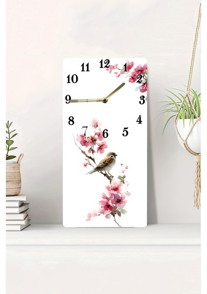 Pembe Çiçekler ve Kuş Desenli Temperli Cam Tablo Saat 30×60 cm Hd Uv Baskı– CUSD223