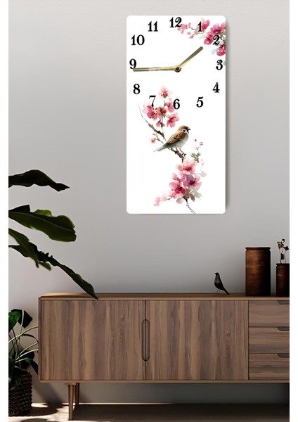 Pembe Çiçekler ve Kuş Desenli Temperli Cam Tablo Saat 30×60 cm Hd Uv Baskı– CUSD223 fiyatları