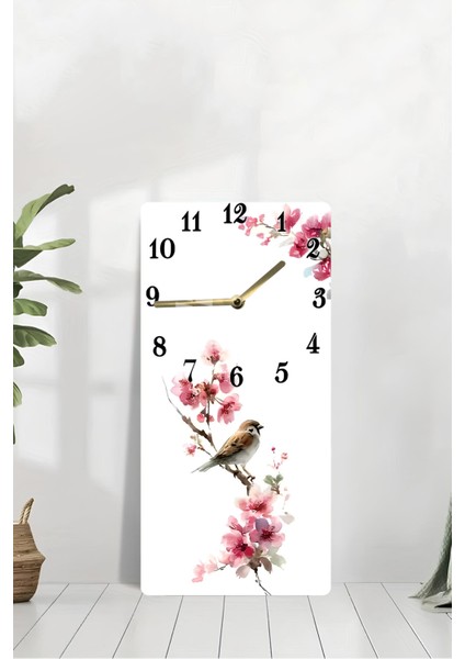 Pembe Çiçekler ve Kuş Desenli Temperli Cam Tablo Saat 30×60 cm Hd Uv Baskı– CUSD223 modelleri