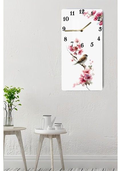 Pembe Çiçekler ve Kuş Desenli Temperli Cam Tablo Saat 30×60 cm Hd Uv Baskı– CUSD223 indirimleri