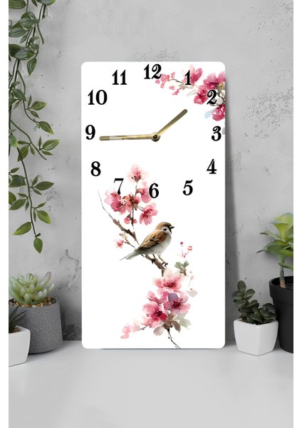 Pembe Çiçekler ve Kuş Desenli Temperli Cam Tablo Saat 30×60 cm Hd Uv Baskı– CUSD223