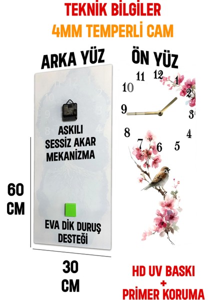 Pembe Çiçekler ve Kuş Desenli Temperli Cam Tablo Saat 30×60 cm Hd Uv Baskı– CUSD223