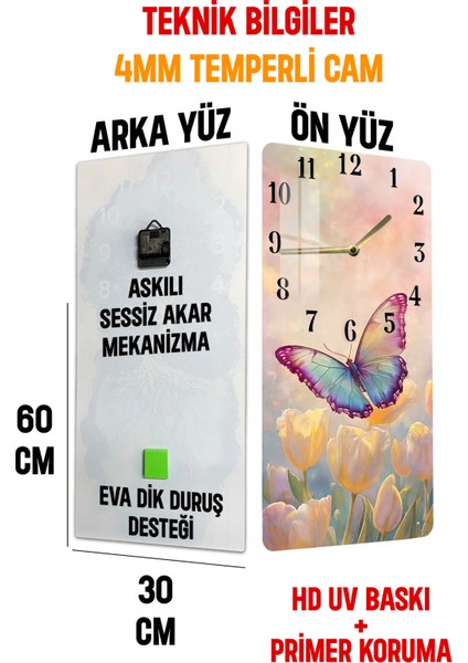 Renkli Kelebek ve Lale Bahçesi Temalı Temperli Cam Tablo Saat 30×60 cm Hd Uv Baskı– CUSD219