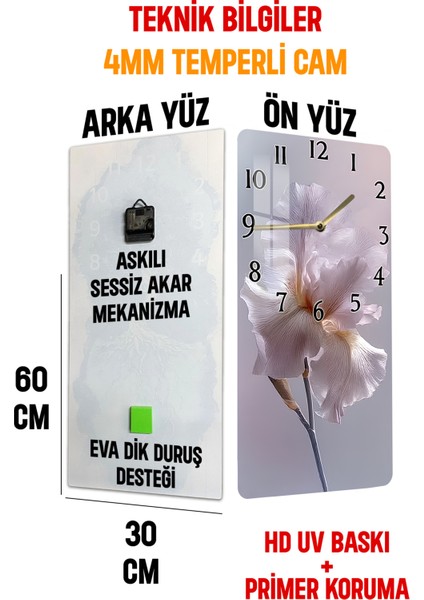 Zarif Pembe-Beyaz Çiçek Desenli Temperli Cam Tablo Saat – 30×60 cm Hd Uv Baskı– CUSD216