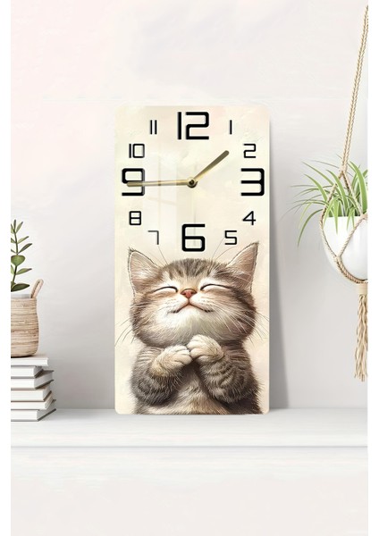 Sevimli Kedi Temalı Temperli Cam Tablo Saat – 30X60 cm | Hd Uv Baskı– CUSD080