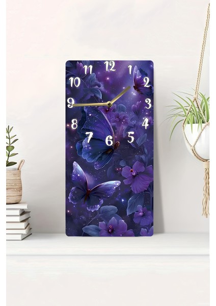 Mor Kelebekli Uv Baskı Mdf Tablo Saat – 30X60 Cm– USD233
