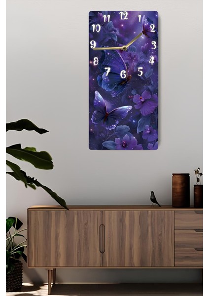 Mor Kelebekli Uv Baskı Mdf Tablo Saat – 30X60 Cm– USD233 fiyatları