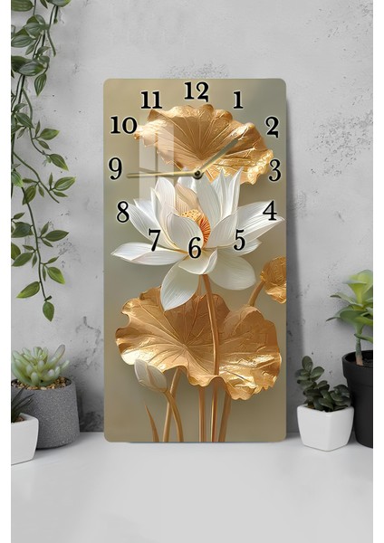 Temperli Cam Tablo Saat – Altın Detaylı Lotus Çiçeği Tasarımı (30×60 Cm)– Uv Baskı– CUSD127