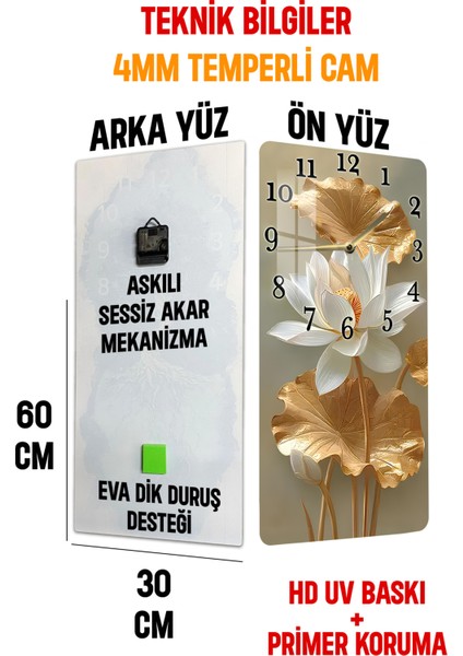 Temperli Cam Tablo Saat – Altın Detaylı Lotus Çiçeği Tasarımı (30×60 Cm)– Uv Baskı– CUSD127