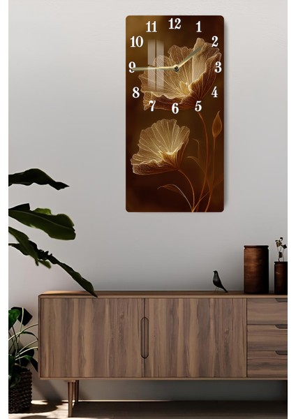 Temperli Cam Tablo Saat – Altın Hatlı Çiçek Desenli Kahverengi Tasarım (30X60 Cm)– Uv Baskı– CUSD109 fiyatları