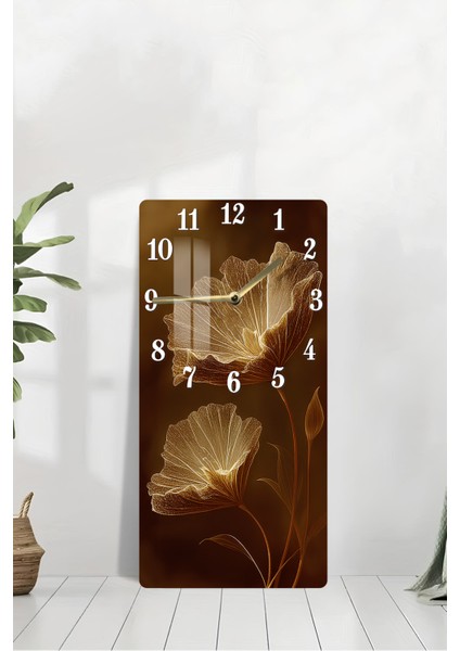 Temperli Cam Tablo Saat – Altın Hatlı Çiçek Desenli Kahverengi Tasarım (30X60 Cm)– Uv Baskı– CUSD109 modelleri