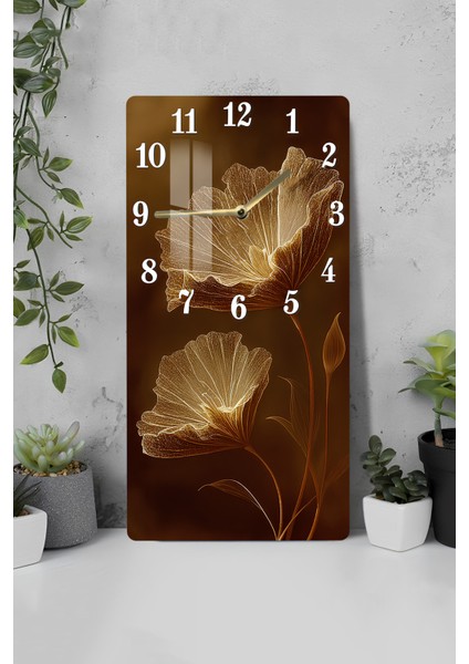 Temperli Cam Tablo Saat – Altın Hatlı Çiçek Desenli Kahverengi Tasarım (30X60 Cm)– Uv Baskı– CUSD109