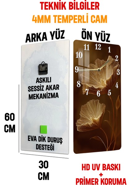 Temperli Cam Tablo Saat – Altın Hatlı Çiçek Desenli Kahverengi Tasarım (30X60 Cm)– Uv Baskı– CUSD109