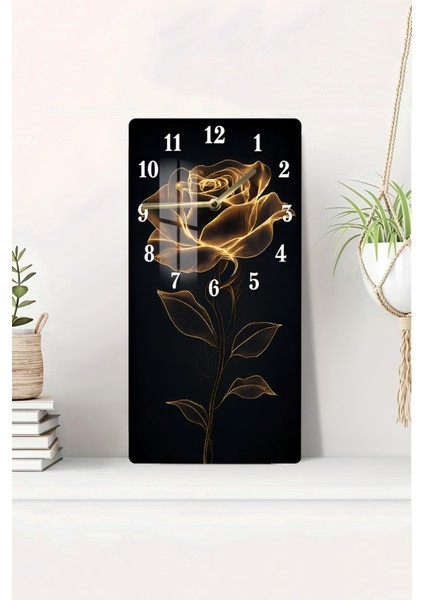 Altın Gül Desenli Temperli Cam Tablo Saat – 33X33 cm | Hd Uv Baskı– CUSD086