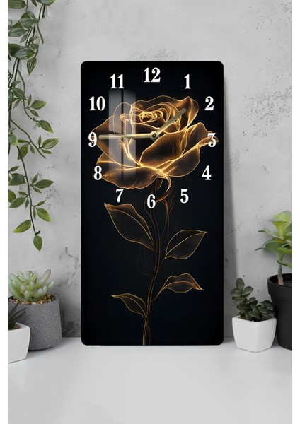 Altın Gül Desenli Temperli Cam Tablo Saat – 33X33 cm | Hd Uv Baskı– CUSD086
