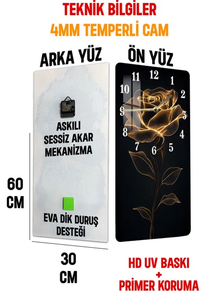 Altın Gül Desenli Temperli Cam Tablo Saat – 33X33 cm | Hd Uv Baskı– CUSD086