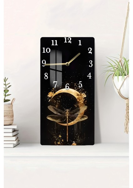 Ejderha Sineği ve Altın Hilal Tasarımlı Temperli Cam Tablo Saat – 30X60 cm Hd Uv Baskı– CUSD184