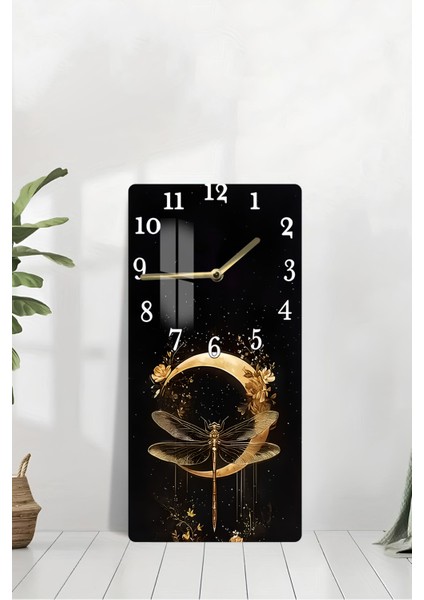 Ejderha Sineği ve Altın Hilal Tasarımlı Temperli Cam Tablo Saat – 30X60 cm Hd Uv Baskı– CUSD184 modelleri