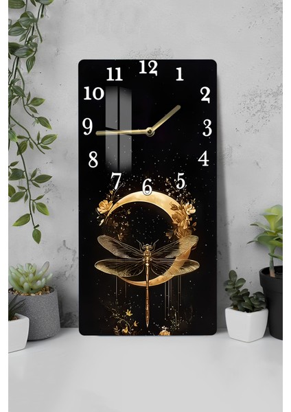 Ejderha Sineği ve Altın Hilal Tasarımlı Temperli Cam Tablo Saat – 30X60 cm Hd Uv Baskı– CUSD184