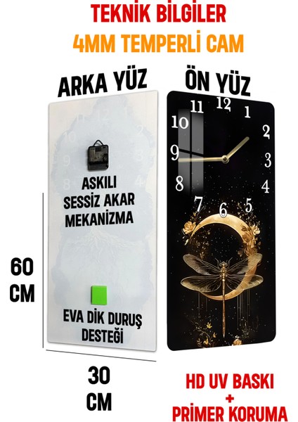 Ejderha Sineği ve Altın Hilal Tasarımlı Temperli Cam Tablo Saat – 30X60 cm Hd Uv Baskı– CUSD184