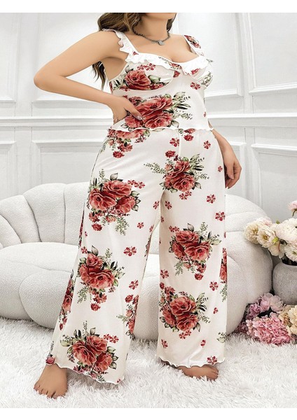 Büyük Beden Gül Desenli Ince Askılı Beyaz Salaş 2'li Takım
