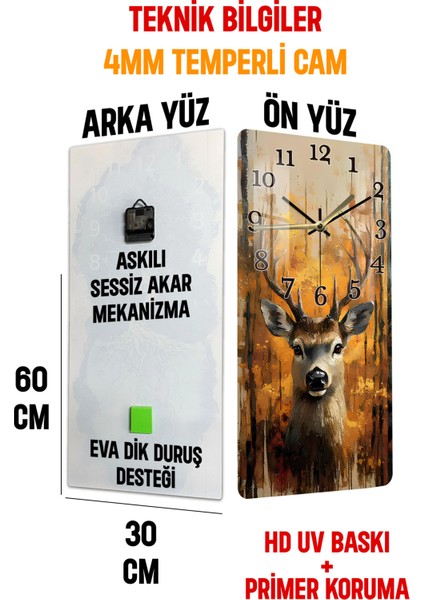 Doğanın Asaleti – Geyik Figürlü Temperli Cam Tablo Saat (30×60 Cm) Hd Uv Baskı– CUSD202