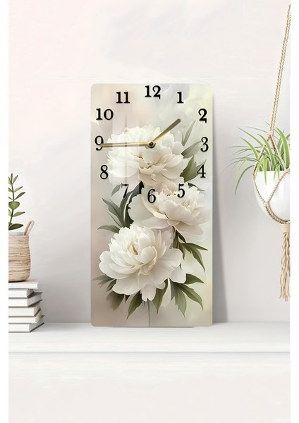 Beyaz Şakayık Çiçek Desenli Temperli Cam Tablo Saat 30X60 cm | Hd Uv Baskı– CUSD195