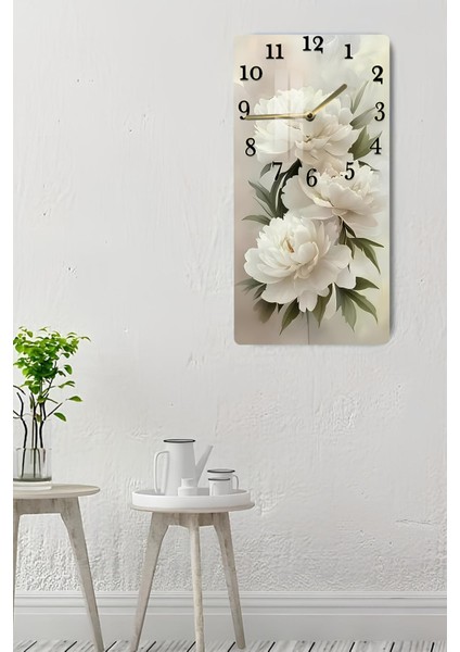 Beyaz Şakayık Çiçek Desenli Temperli Cam Tablo Saat 30X60 cm | Hd Uv Baskı– CUSD195 indirimleri