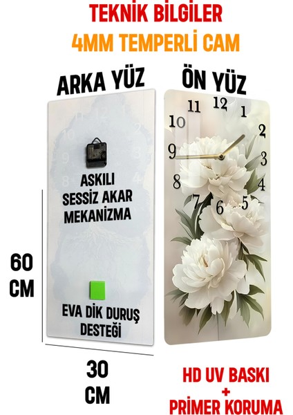 Beyaz Şakayık Çiçek Desenli Temperli Cam Tablo Saat 30X60 cm | Hd Uv Baskı– CUSD195