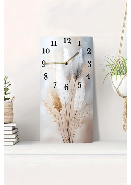 Tüy Buketi Desenli Temperli Cam Tablo Saat 30X60 cm | Hd Uv Baskı– CUSD194