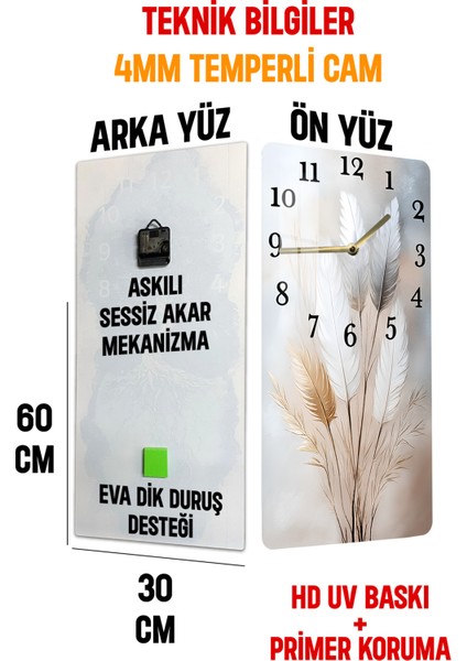 Tüy Buketi Desenli Temperli Cam Tablo Saat 30X60 cm | Hd Uv Baskı– CUSD194