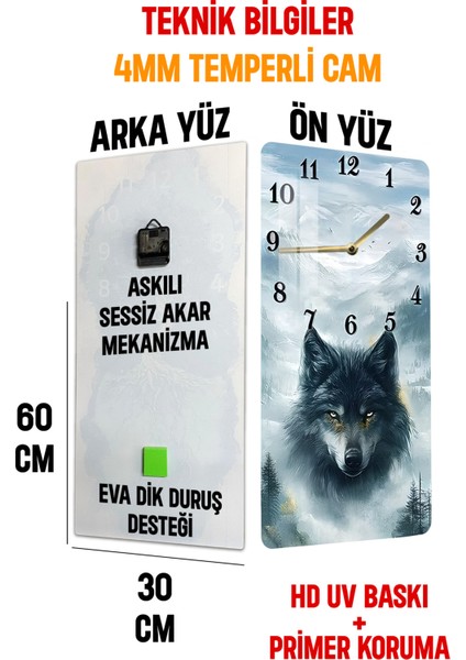 Kurt ve Dağ Manzaralı Temperli Cam Tablo Saat 30X60 cm | Hd Uv Baskı– CUSD189