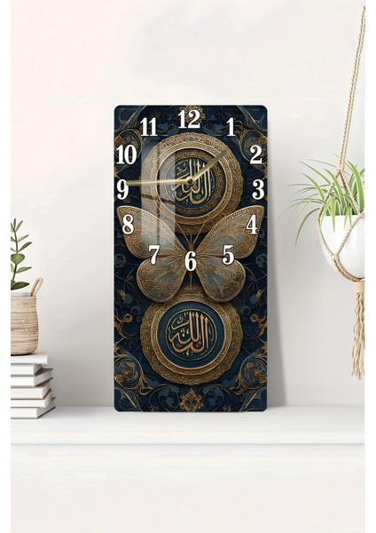 Allah Lafzı ve Kelebek Desenli Temperli Cam Tablo Saat 30X60 cm | Hd Uv Baskı– CUSD175