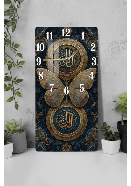 Allah Lafzı ve Kelebek Desenli Temperli Cam Tablo Saat 30X60 cm | Hd Uv Baskı– CUSD175