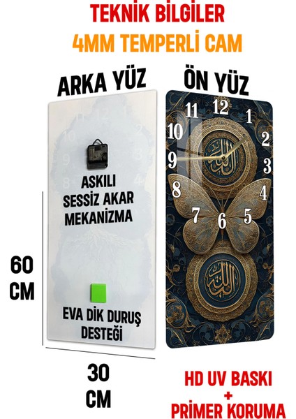 Allah Lafzı ve Kelebek Desenli Temperli Cam Tablo Saat 30X60 cm | Hd Uv Baskı– CUSD175