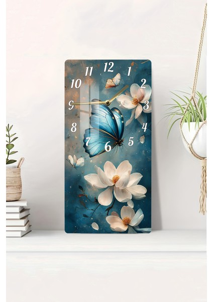 Mavi Kelebek ve Çiçek Temalı Temperli Cam Tablo Saat – 30×60 Cm– CUSD145