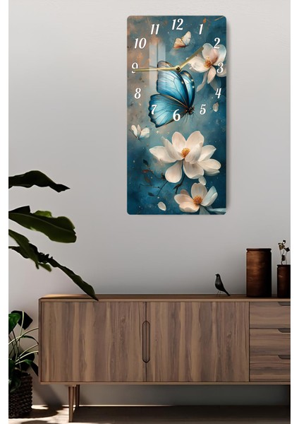 Mavi Kelebek ve Çiçek Temalı Temperli Cam Tablo Saat – 30×60 Cm– CUSD145 fiyatları