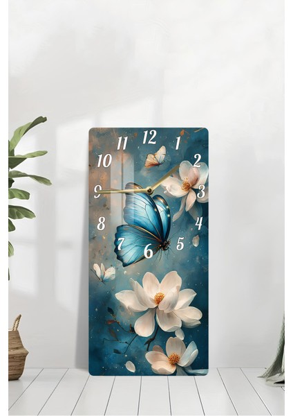 Mavi Kelebek ve Çiçek Temalı Temperli Cam Tablo Saat – 30×60 Cm– CUSD145 modelleri