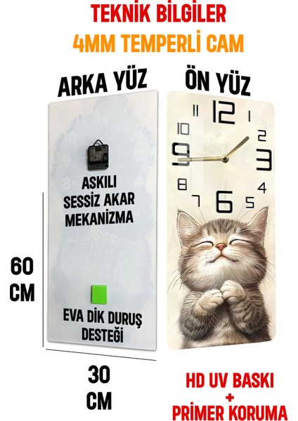 Sevimli Kedi Temalı Temperli Cam Tablo Saat – 30X60 cm | Hd Uv Baskı– CUSD080